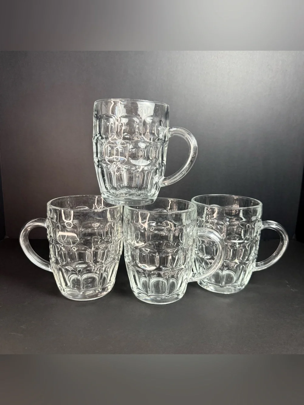 Vintage SET of 4 VINTAGE LUMINARC FRANCE CLEAR GLASS THUMBPRINT BEER MUGS 5